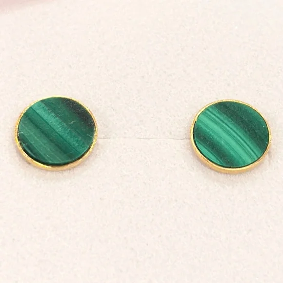 Vintage Malachite Gold Earrings: 18K solid yellow gold genuine inlay studs